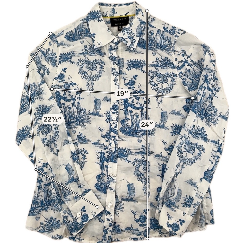 Womens Foxcroft Toile de Jouy Button Down Shirt 8P Blue White Fitted Fit Petite - Picture 3 of 8